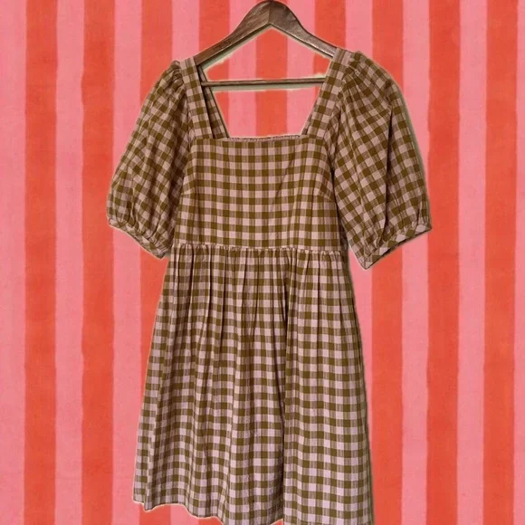 Madewell Pink and Olive Green Gingham Plaid Mini Babydoll Puff Sleeve Dress - Picture 2 of 9